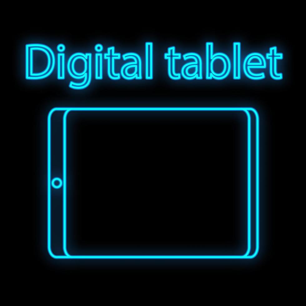 signo de neón digital azul luminoso brillante para tienda o centro de servicio de taller hermoso brillante con una tableta moderna sobre un fondo negro. ilustración vectorial vector