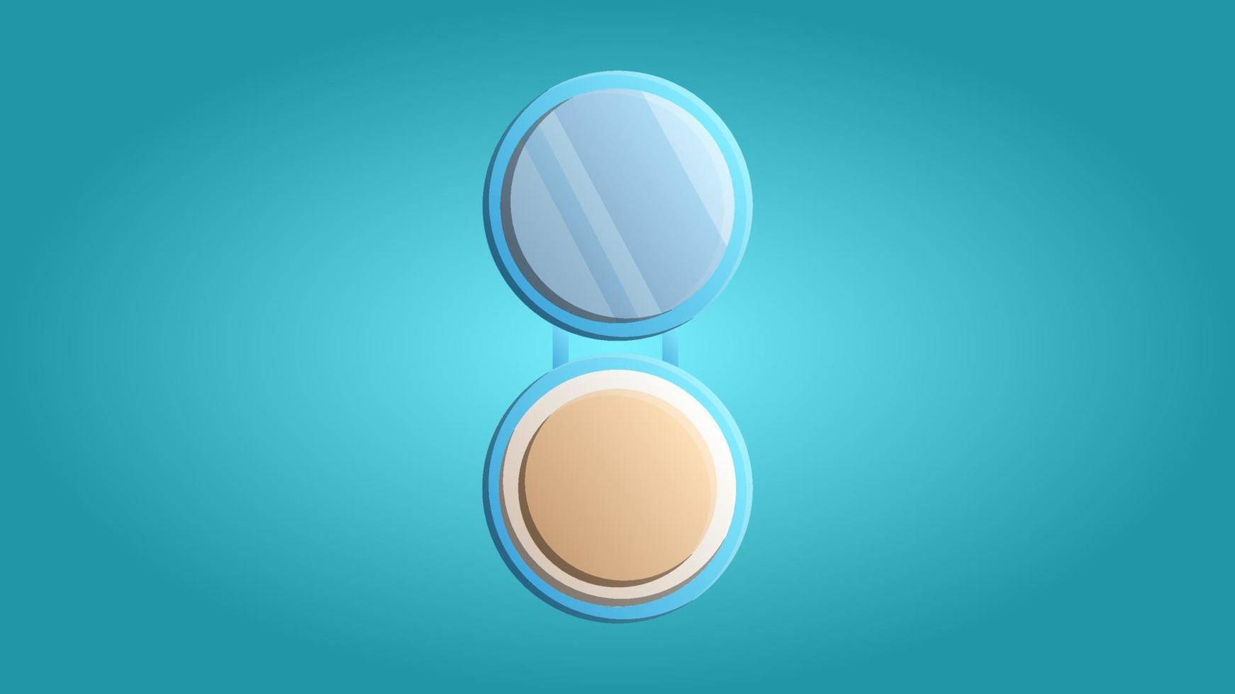 Fashionable beautiful beauty glamorous trendy makeup mirror with powder and eyeshadows on a blue background. Vector illustration