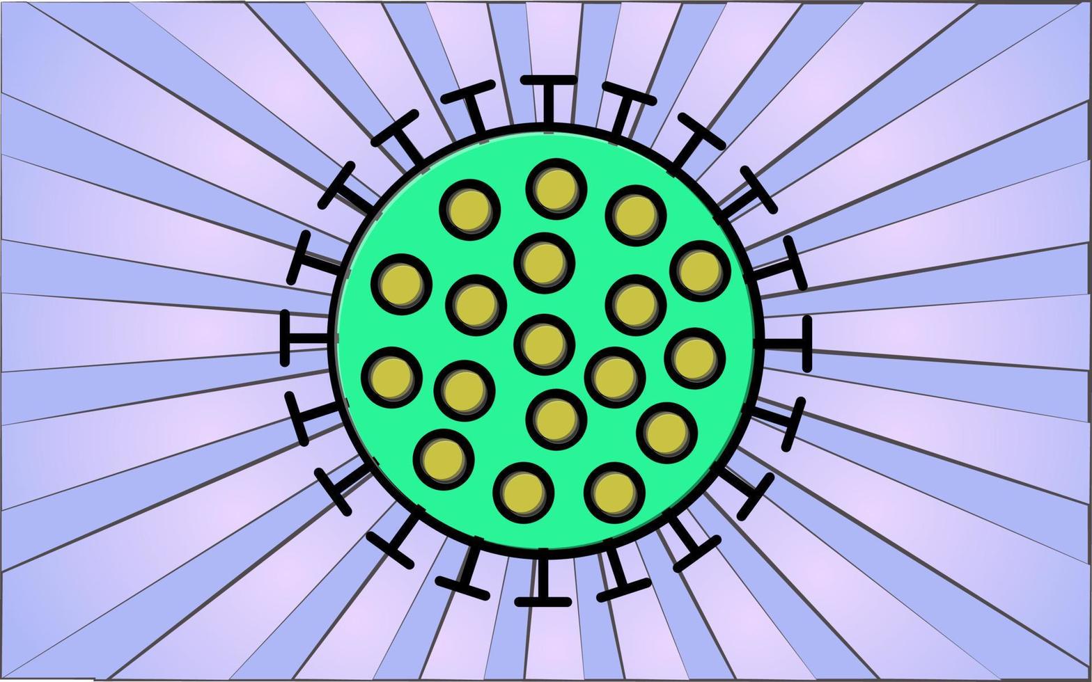 The green virus of a dangerous deadly epidemic pandemic of the coronavirus microbe virus Covid-19 against a background of purple abstract rays. Vector illustration