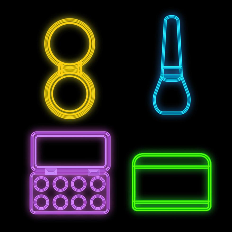 set of powder, brushes, palettes with shadows and cream of bright neon colors on a black background. leaving cosmetics, flat from an environmentally friendly and safe set for the face vector