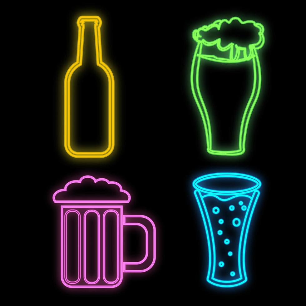 Set of bright luminous multi-colored neon signs for a cafe bar restaurant beautiful shiny with beer bottles and mugs on a black background. Vector illustration