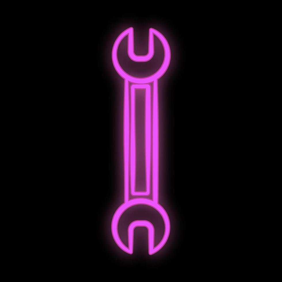 Bright luminous purple industrial digital neon sign for shop workshop service center beautiful shiny with a wrench for repair on a black background. Vector illustration
