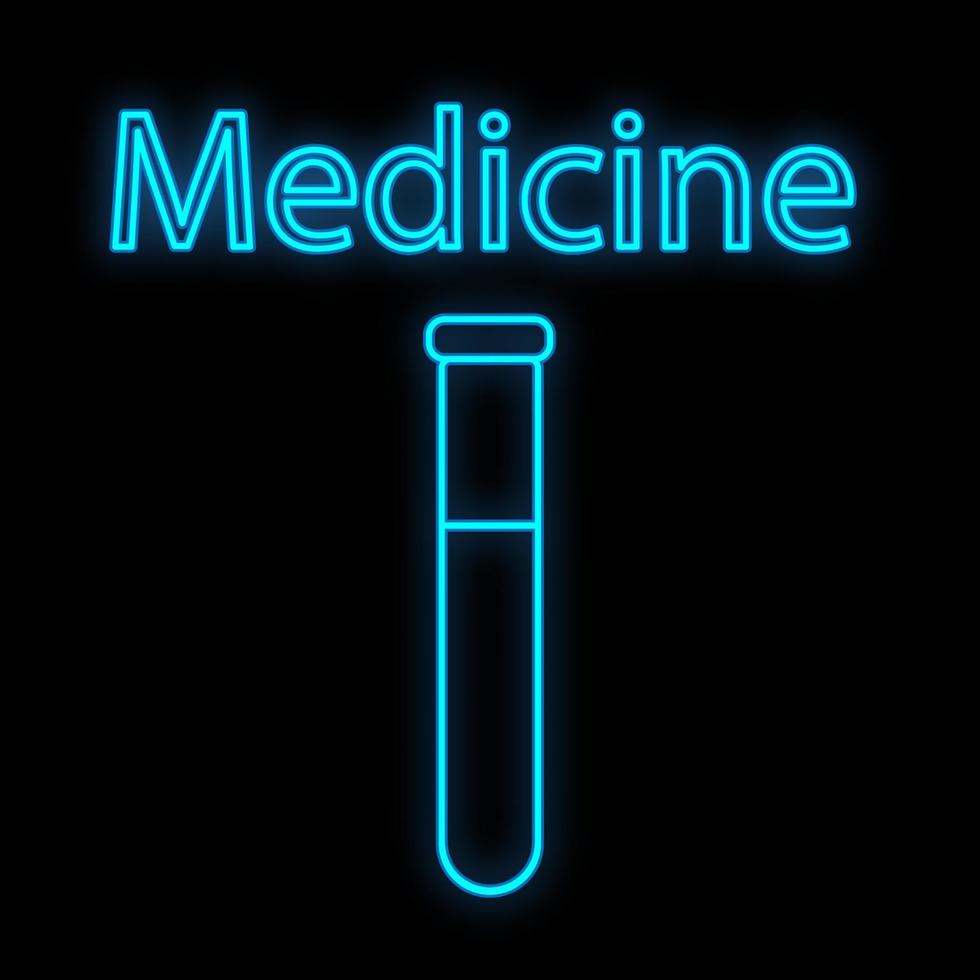 Bright luminous blue medical scientific digital neon sign for a pharmacy store or hospital laboratory. A beautiful shiny flask or test tube on a black background. Vector illustration