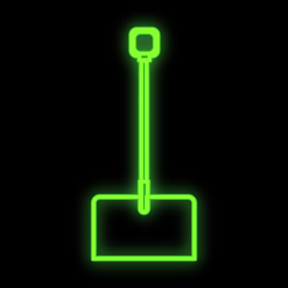 Bright luminous green industrial digital neon sign for shop workshop service center beautiful shiny with a shovel for repair on a black background. Vector illustration
