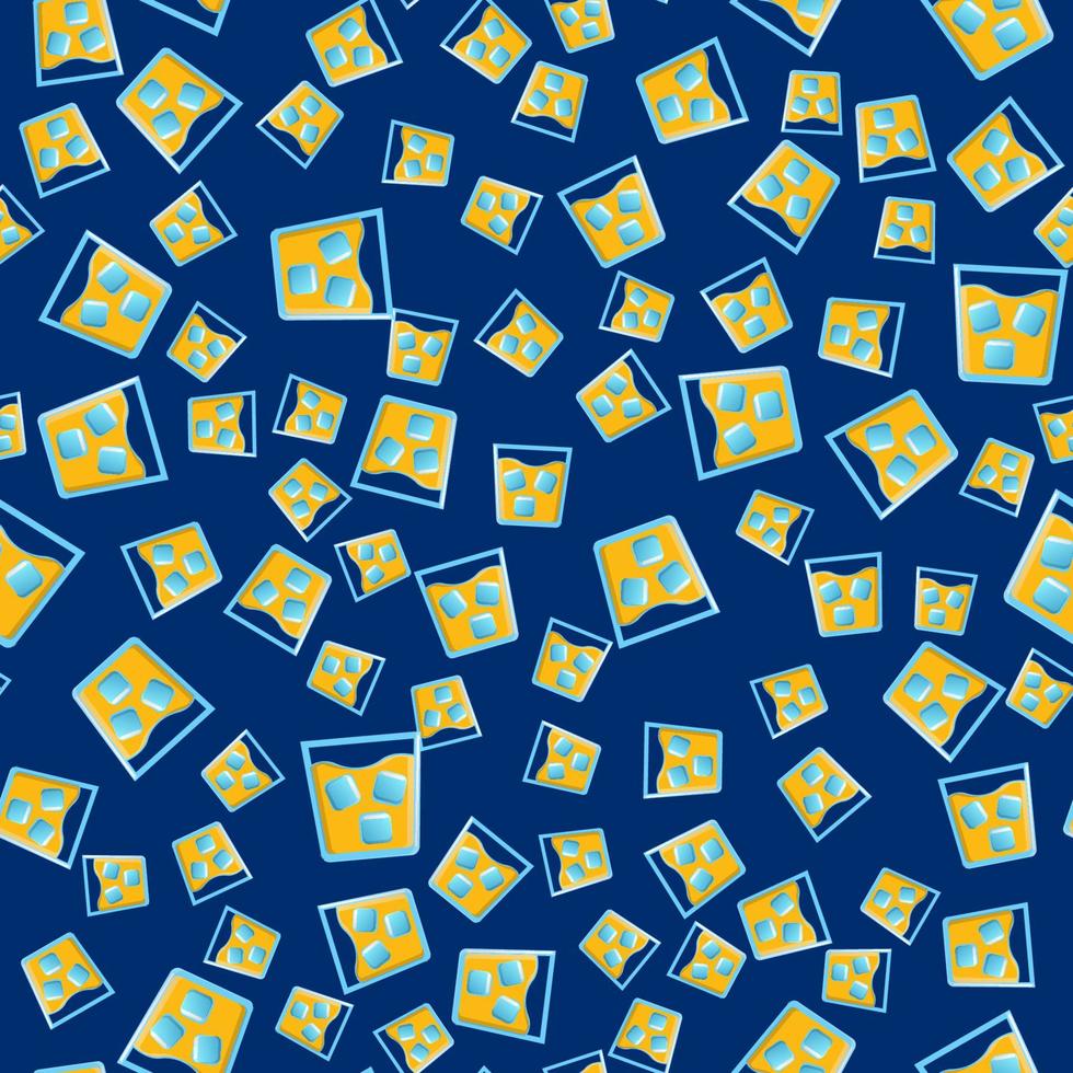 Endless seamless pattern of beautiful glass glasses with tasty alcoholic cocktails with ice and straws with lemons and beer for a party on a blue background. Vector illustration