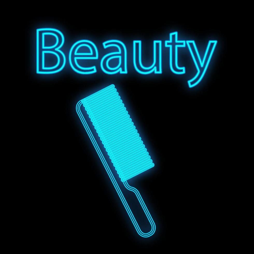 lindo peine de neón azul sobre un fondo negro. herramienta para peinar el cabello y crear peinados. peine para cabello largo y corto, herramienta de peluqueria. letrero y logo para un bar de belleza. ilustración vectorial vector