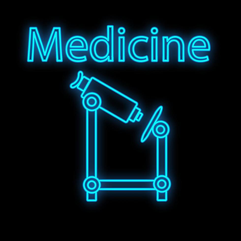 Bright luminous blue medical medical scientific digital neon sign for a pharmacy store or hospital laboratory. Beautiful brilliant microscope on a black background. Vector illustration