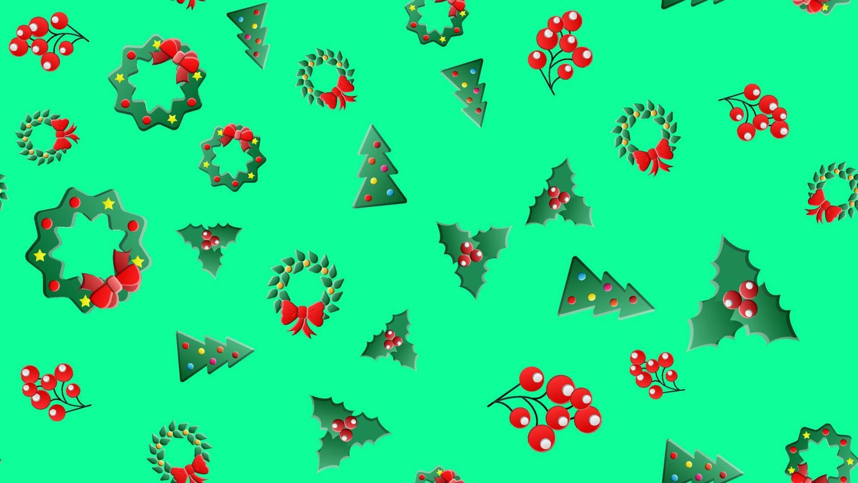 Seamless christmas pattern with lolipop candy, christmas ball, santa claus socks and hat, bow ribbon and holly berries red, white green backgorund. Cute simple flat vector, design for wrapping paper vector