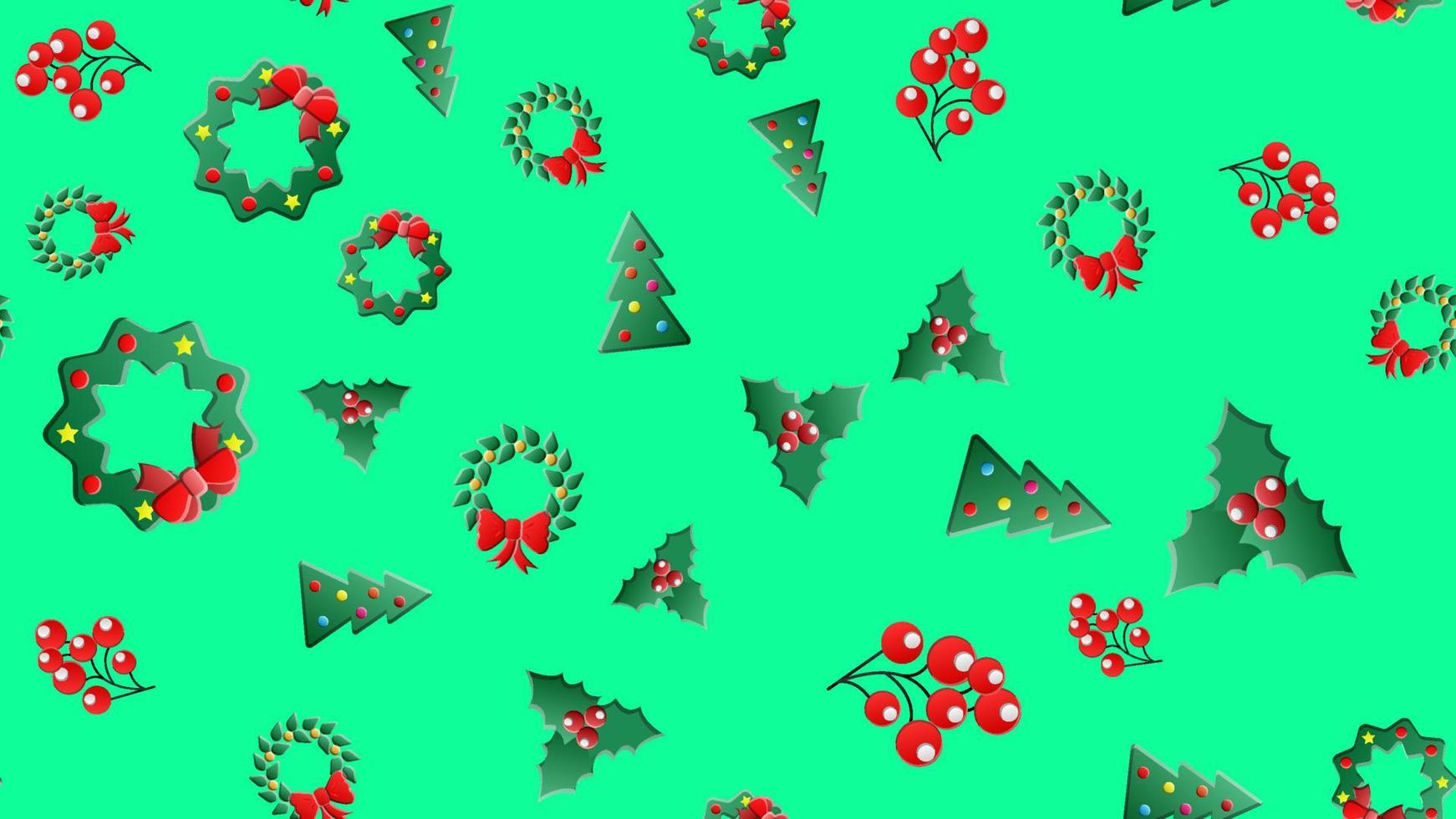 patrón de navidad sin costuras con caramelos de lolipop, bola de navidad, calcetines y sombrero de santa claus, cinta de arco y bayas de acebo rojo, fondo verde blanco. lindo vector plano simple, diseño para papel de regalo