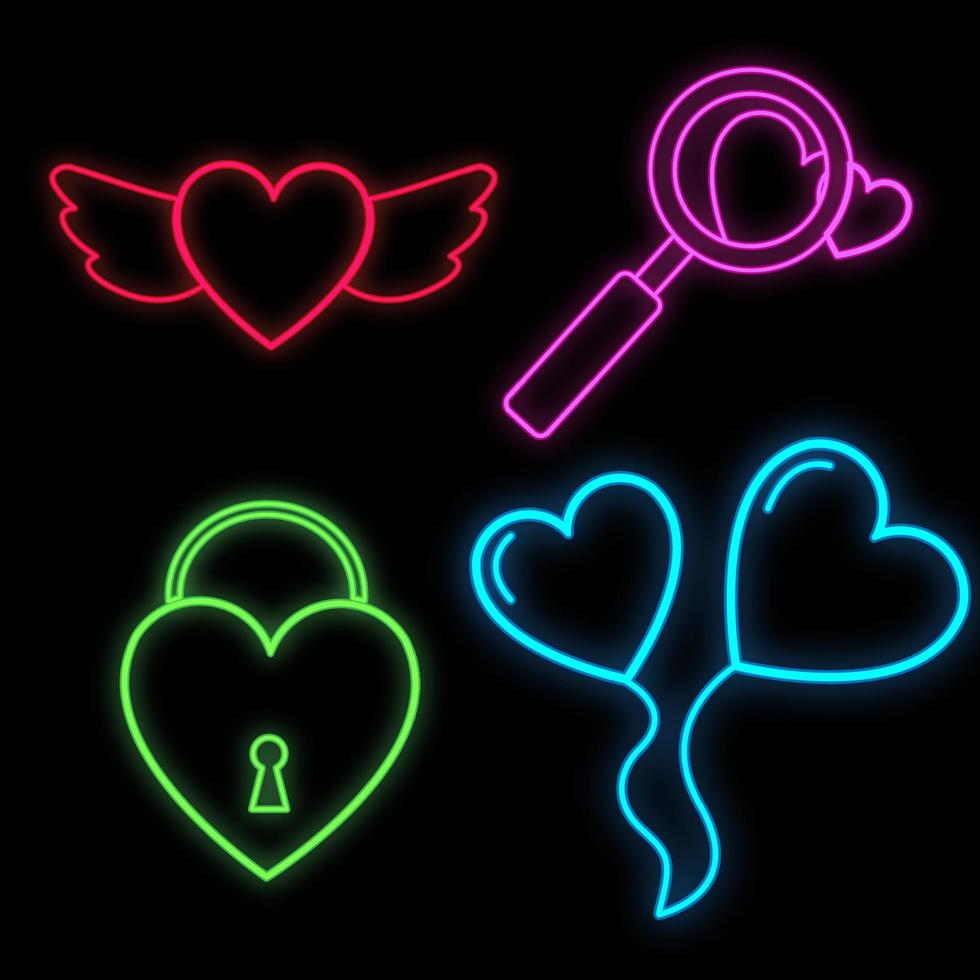Set of bright luminous multi-colored festive neon signs for the store and cards beautiful shiny with love hearts wings balloons locks magnifiers on a black background. Vector illustration