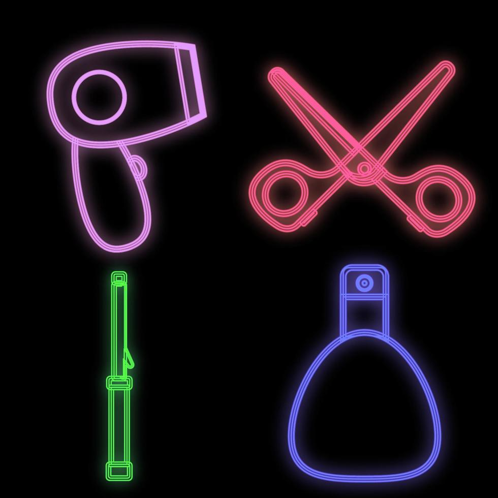 hairdresser set in neon style on a black background. hairdresser bag with a hand-held hairdryer for styling, curling iron, perfume and scissors. sign for a hairdresser. vector illustration