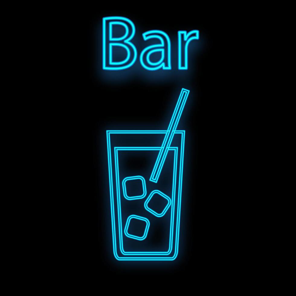 Bright luminous blue neon sign for a cafe bar restaurant pub beautiful shiny with an alcoholic cocktail with a straw in a glass on a black background. Vector illustration
