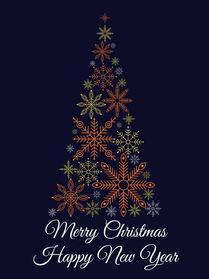 Merry Christmas and Happy New Year. Christmas tree made of multi-colored snowflakes on a dark blue background. Greeting card design. Vector illustration