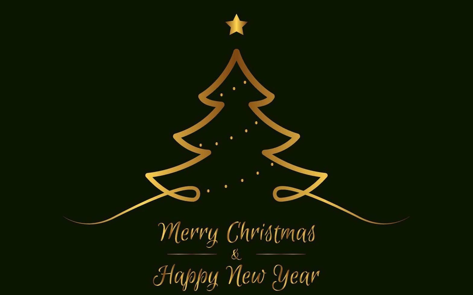 Golden Christmas tree on a dark green background. Design for greeting card, banner. Vector illustration