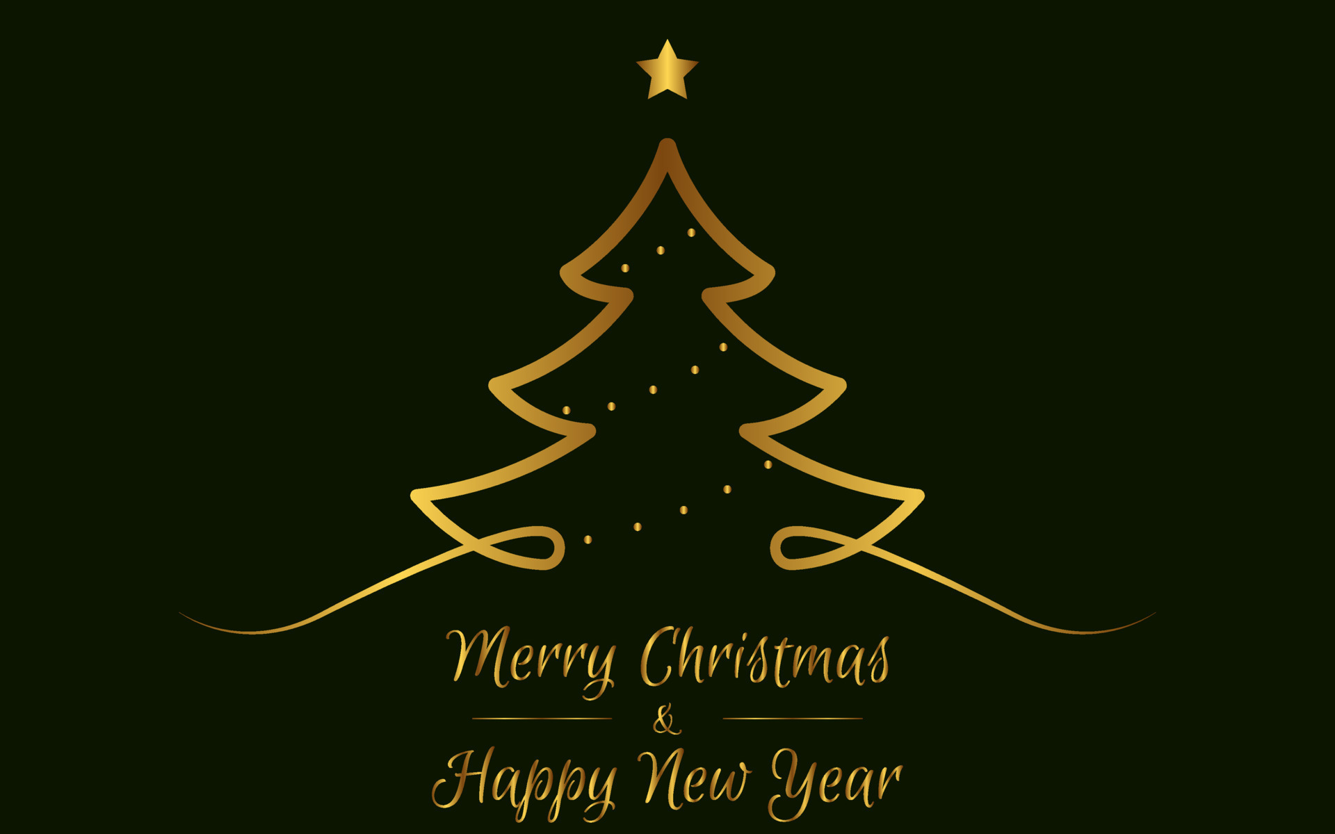 Golden Christmas tree on a dark green background. Design for greeting