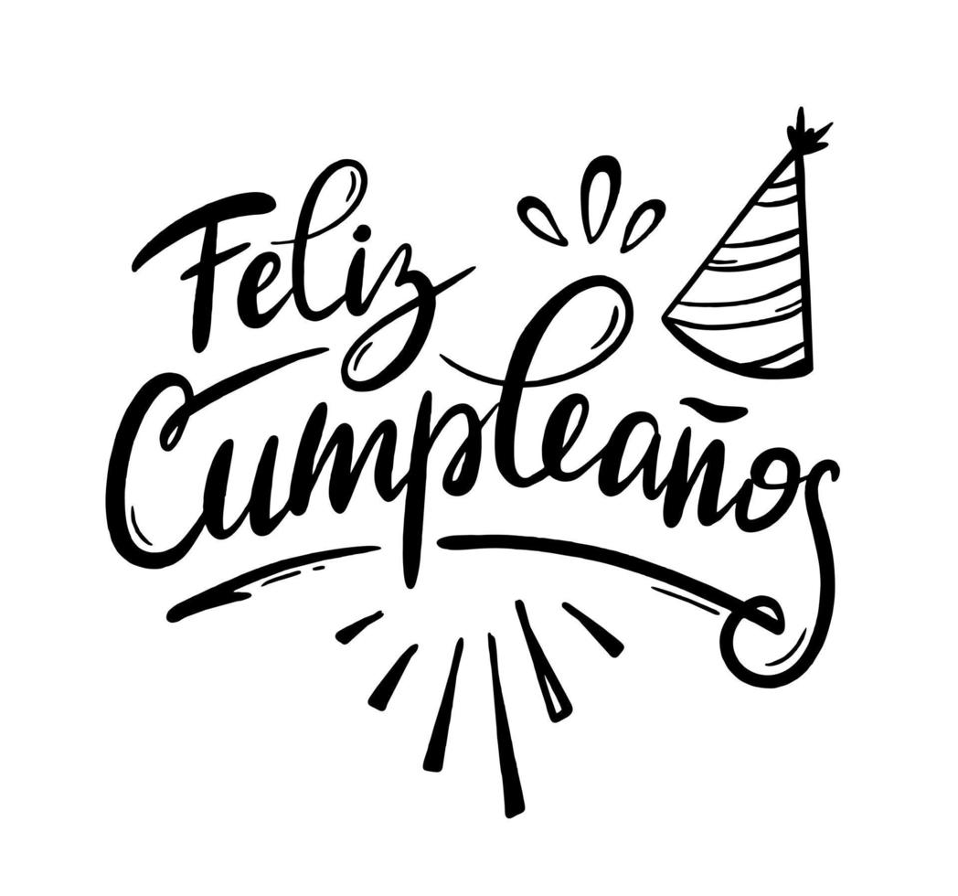 Happy birthday in Spain.  Lettering in Spanish with splashes and curls. Vector illustration