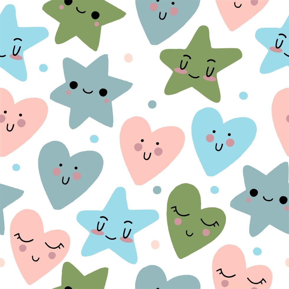 el patrón de lindos corazones de estrellas y arcoíris con ojos kawaii. para decoración de habitaciones infantiles y fiestas. estilo moderno vectorial vector