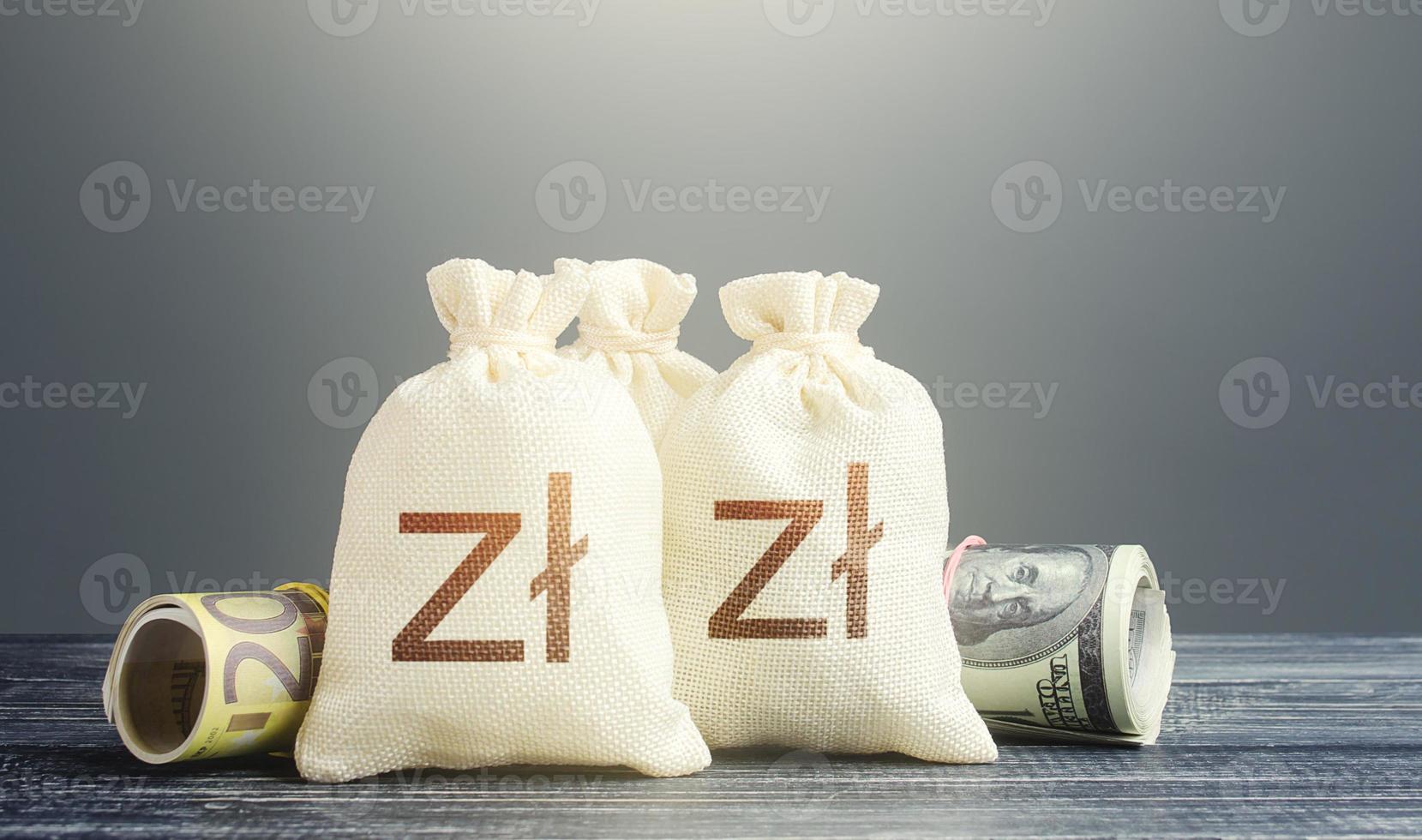 Polish zloty money bags and cash. Financial resources, grants, project financing. National gold and foreign exchange reserve. Economy monetary policy. Capital Investments. Trade development. Lending photo