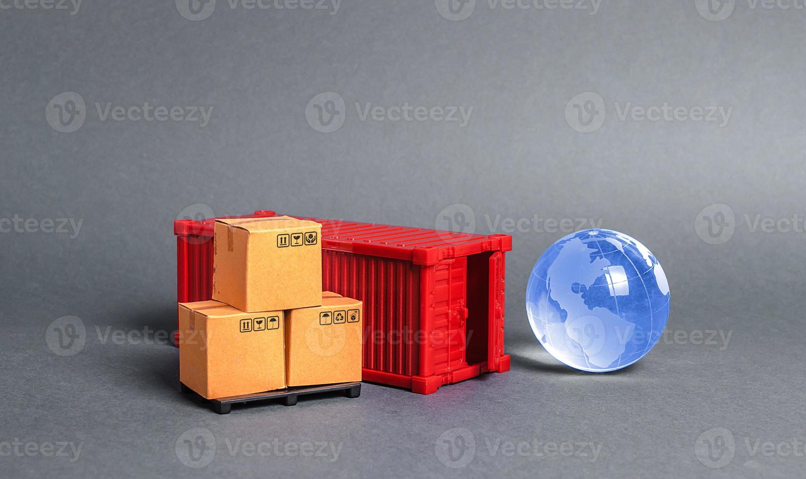 Red cargo container with boxes and blue planet earth glass ball. Business and industry, transport infrastructure. The concept of commerce and trade, delivery, exchange of goods. Globalization photo