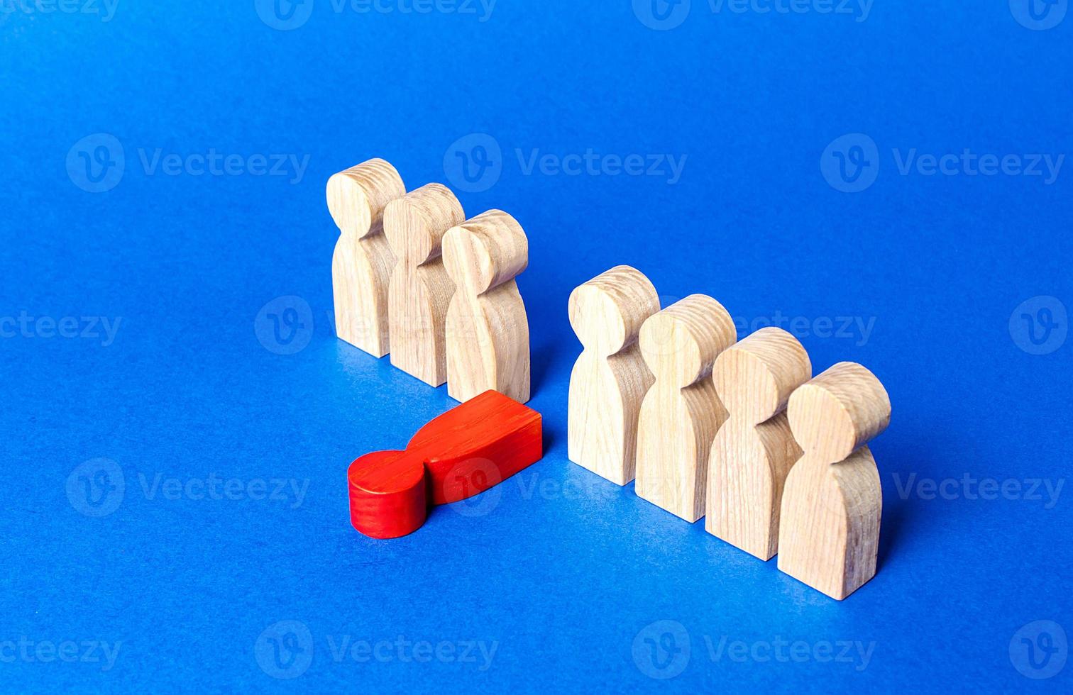 Red man figure falls out of the line of people. Moral and physical exhaustion, weak link. dismissal of employee. burnout at work. Stress resistance, self discipline. Toxic and ineffective. photo