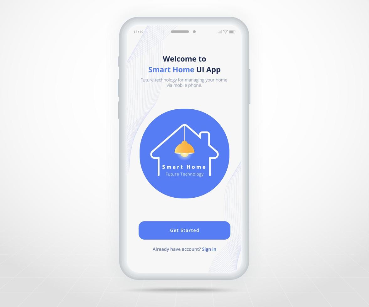 aplicación controlada de bienvenida para el hogar inteligente para teléfonos inteligentes ux ui, tecnología de internet de las cosas iot, tecnología de automatización del hogar del futuro digital, teléfono de aplicación de dispositivos inteligentes, aire de iluminación wifi cctv, ilustración vectorial vector