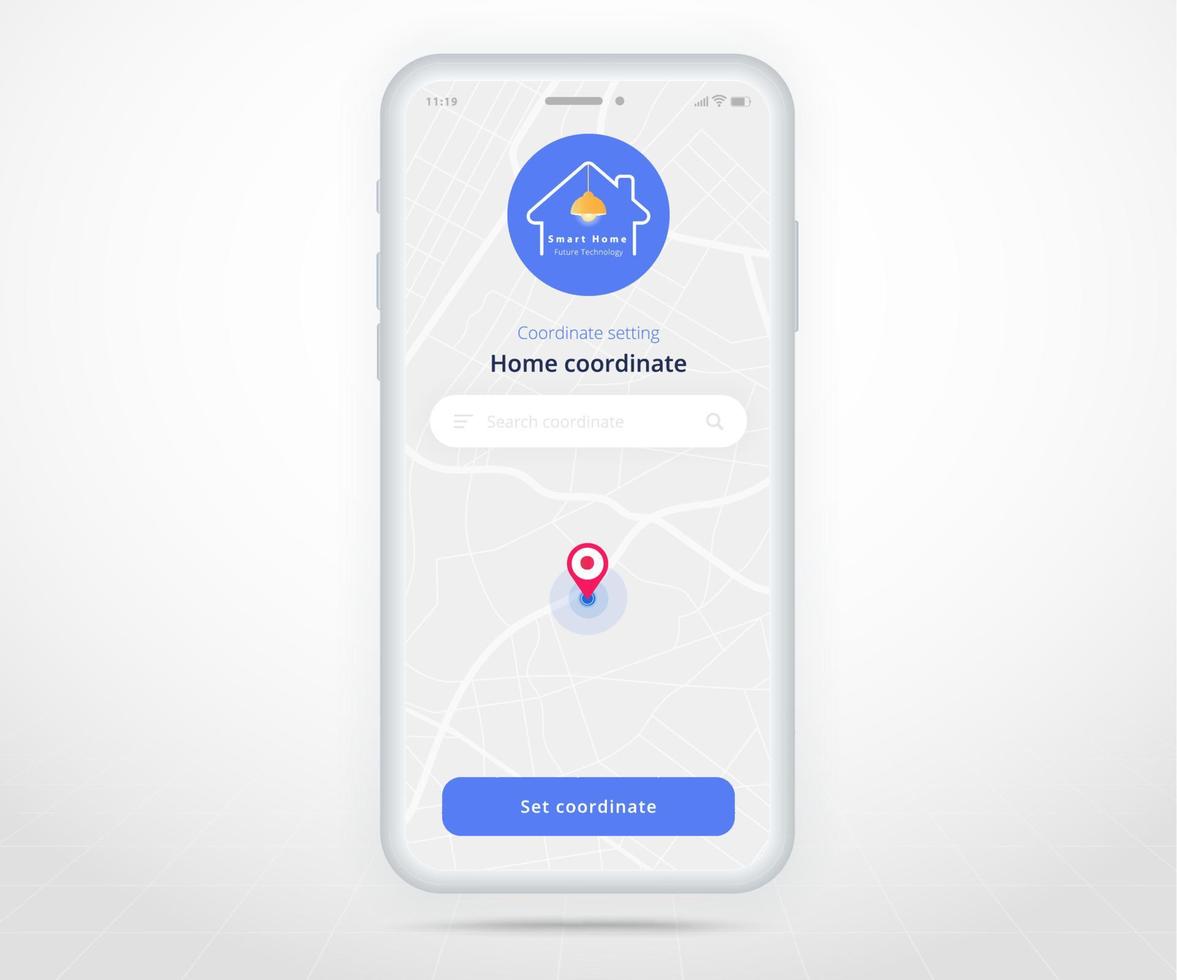 Smartphone smart home map gps search controlled app UX UI, IOT Internet of things technology, Home coordinate, Digital future home automation tech, smart devices application phone, vector illustration