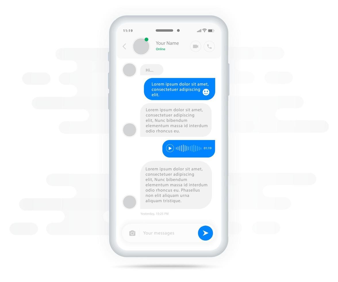 Chat UI Application design concept, Social network messenger communication service screen template, Mobile phone live chat boxes, Smartphone online app on screen, Vector video call illustration, UX UI