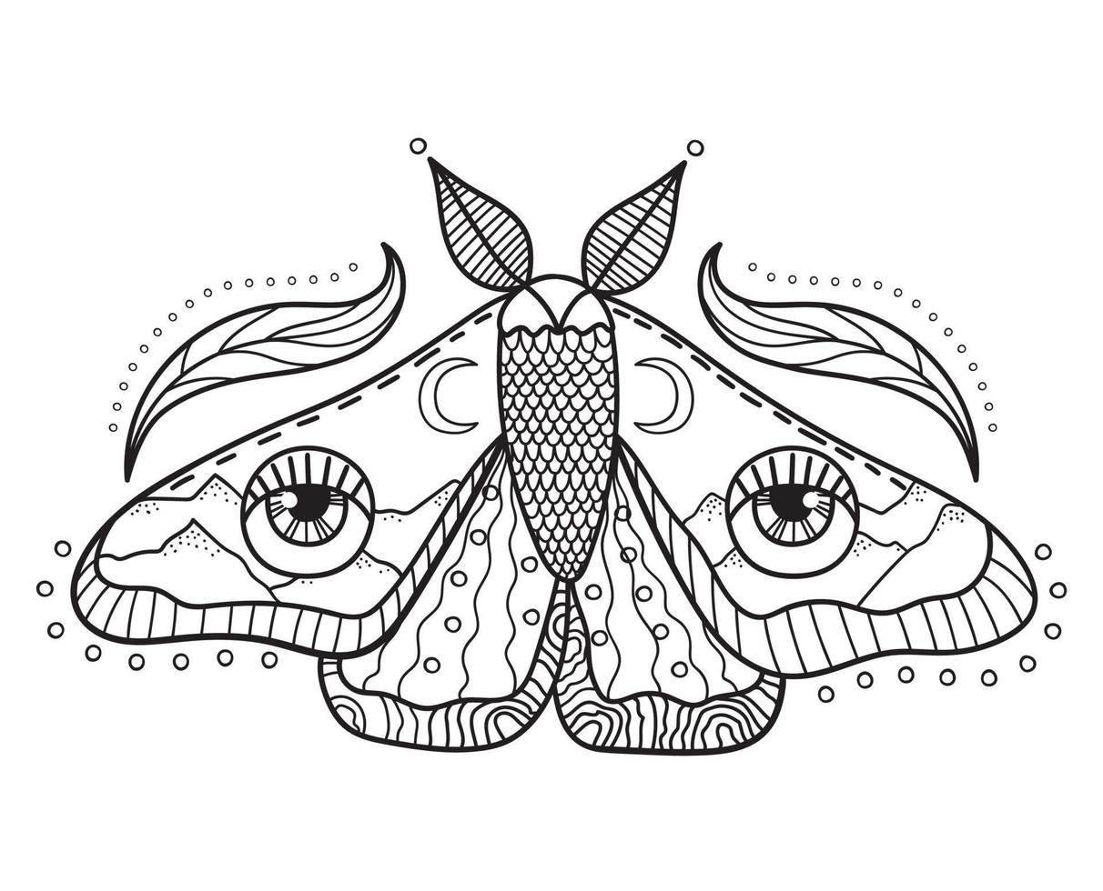 ilustración oculta de polilla voladora. Ilustración de vector de alquimia de mariposa voladora dibujada a mano aislada sobre fondo blanco.