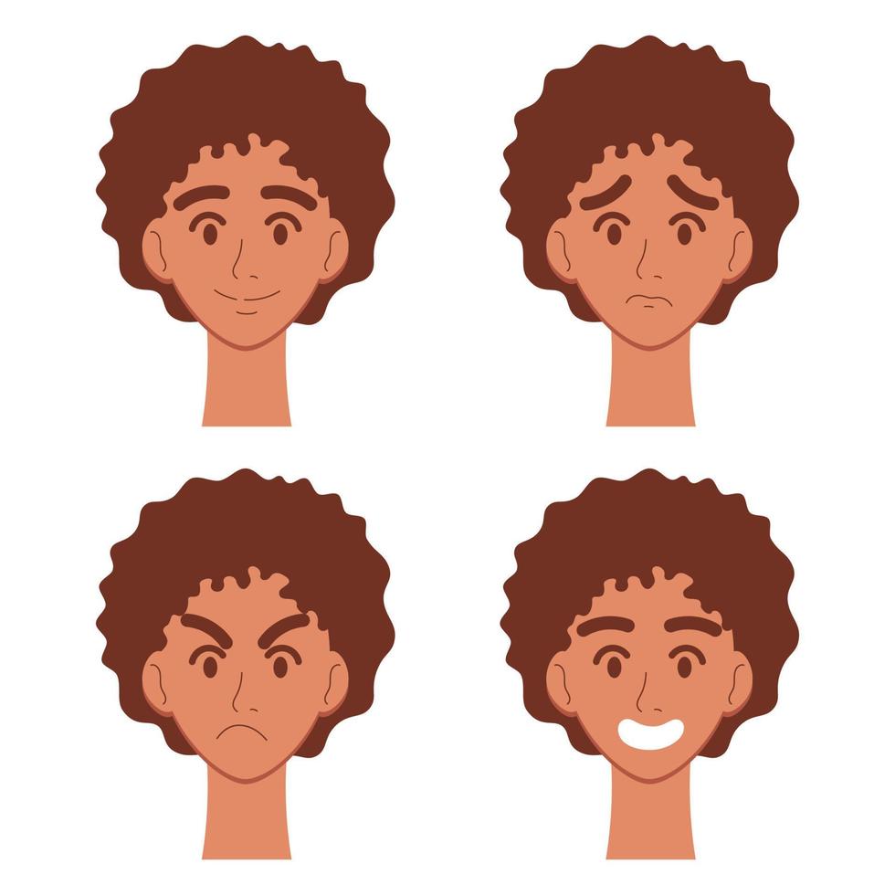 conjunto de emociones de la mujer. expresión facial. chica negra con avatar de cabello oscuro. retrato de cabeza ilustración vectorial de un diseño plano aislado sobre fondo blanco. vector