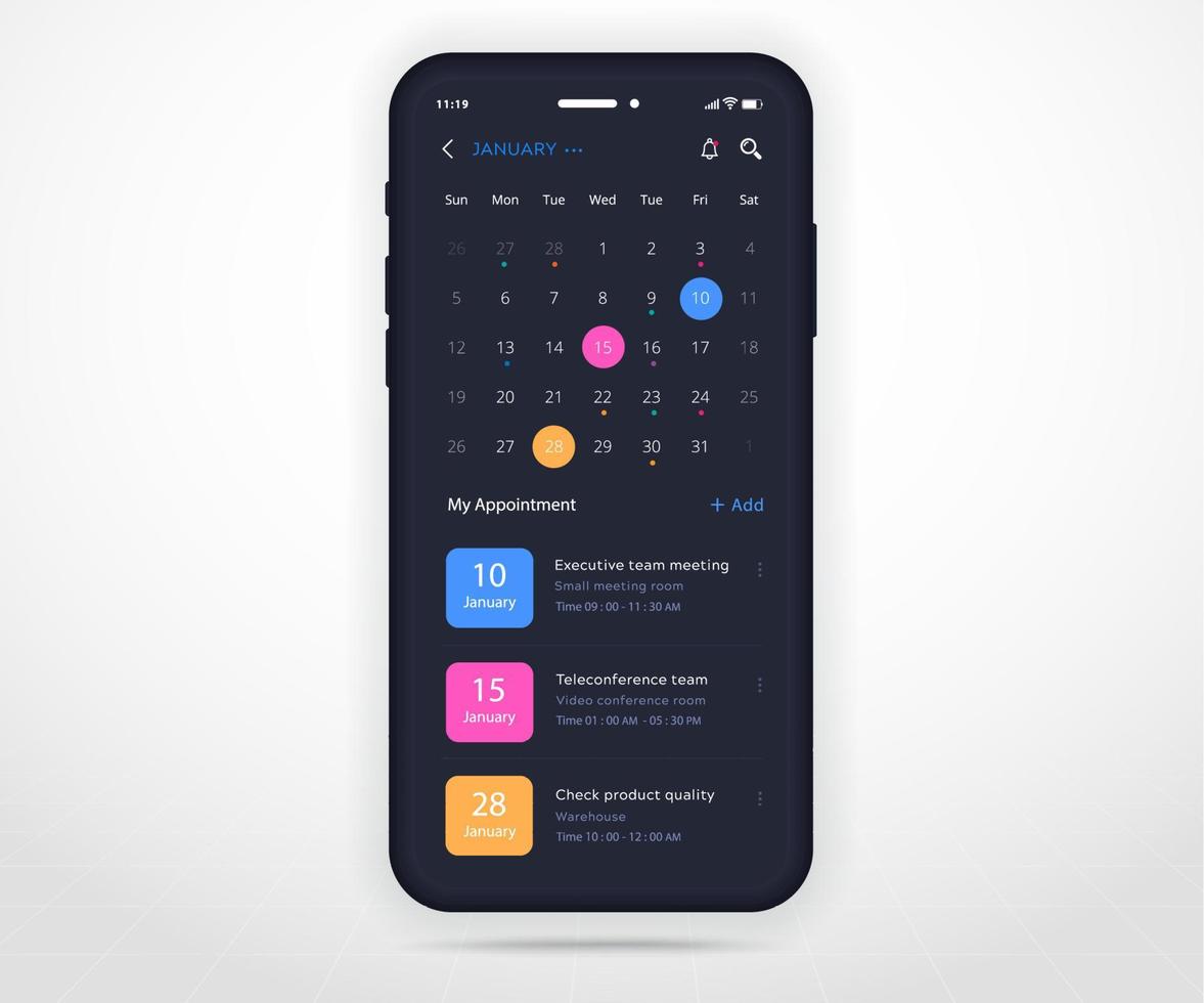 Mobile app calendar planner concept, Appointment calendar template UI UX, Smartphone calendar schedule agenda annual planning meeting application, Calendar events, Activity, Event app, Vector phone