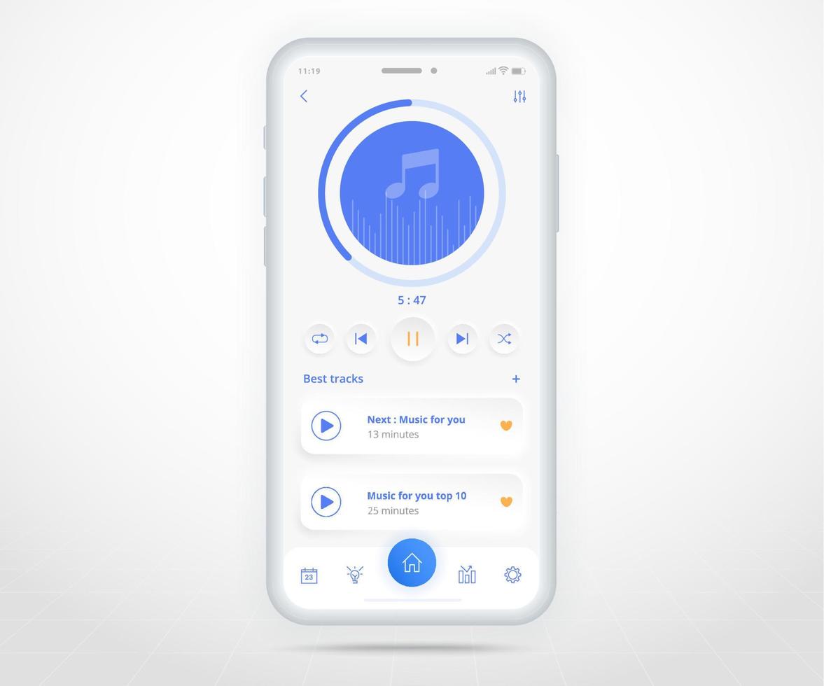 Smartphone smart home music player controlled app UX UI, IOT Internet of things technology, Digital future home automation tech, smart devices application phone, audio song play, vector illustration