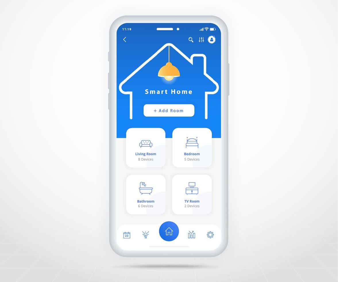 Smartphone smart home controlled app UX UI, IOT Internet of things technology, Digital future home automation tech, smart devices application phone, Room Wifi lighting heating air, vector illustration