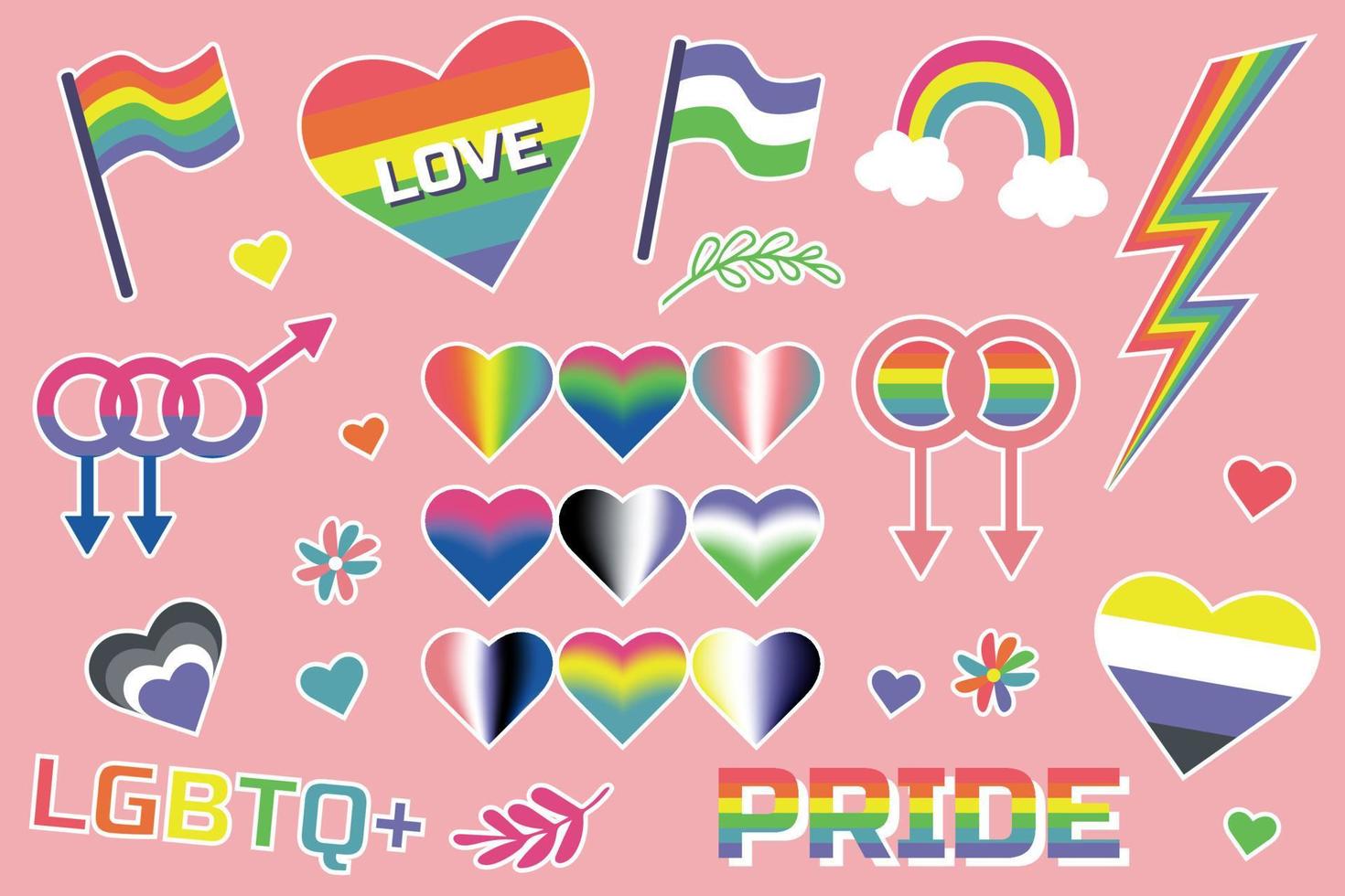 LGBTQ set of icons retro style design. Stickers LGBT, asexual, non-binary, transgender, genderfluid, pansexual, bisexual, genderqueer, polysexual vector