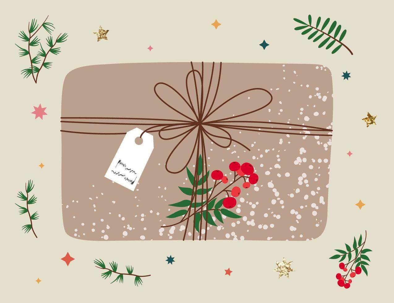 regalo de navidad en papel kraft con etiqueta y ramas. caja de regalo en papel de regalo artesanal con lazo y ramas. ilustración vectorial plana coloreada aislada en el fondo. vector