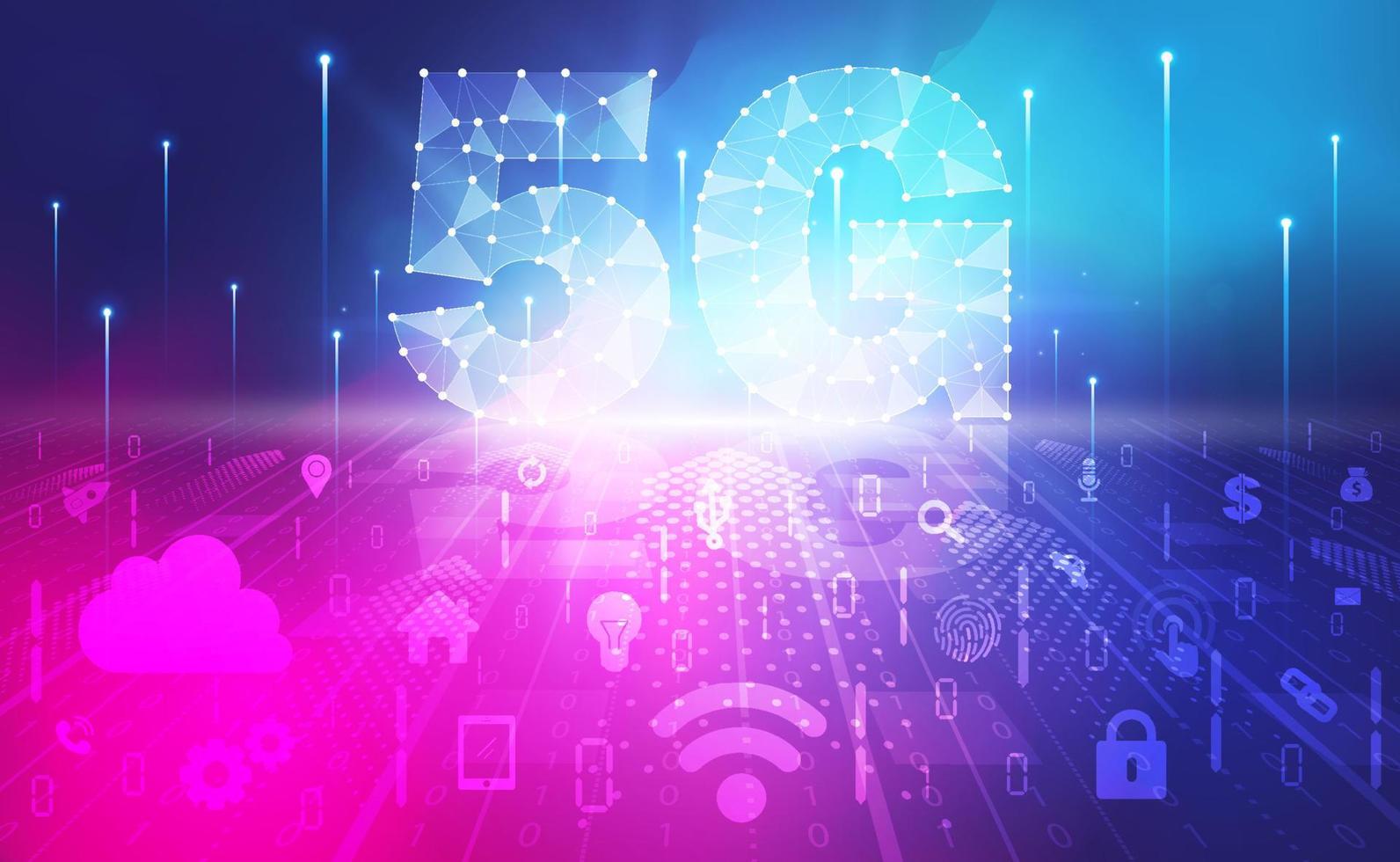 5G network wireless internet Wi-fi connection abstract background concept, Digital technology banner pink blue background binary code, abstract tech big data communication, High speed broadband vector