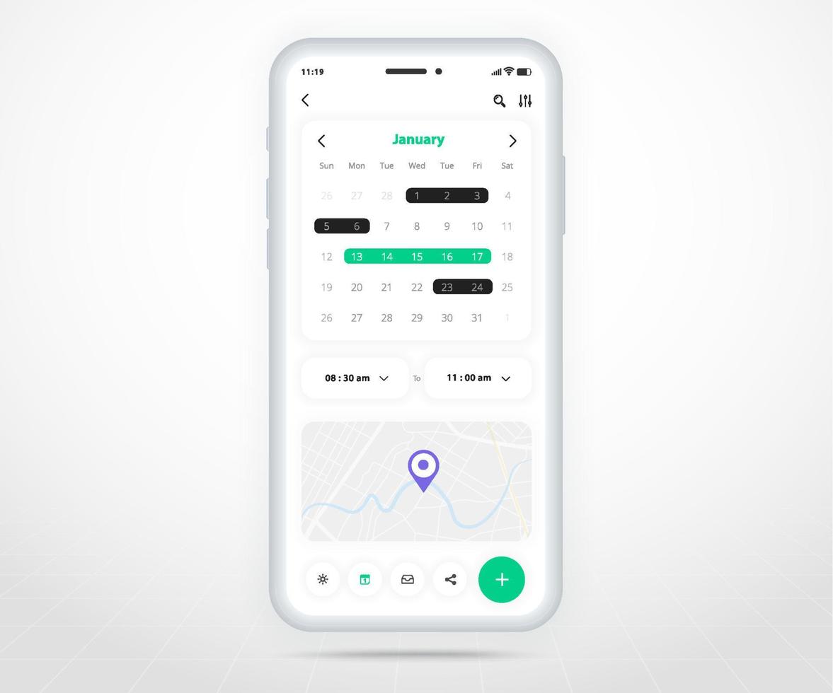 Mobile app calendar planner concept, Appointment calendar template UI UX, Smartphone calendar schedule agenda annual planning meeting application, Calendar events, Activity, Map gps app, Vector phone