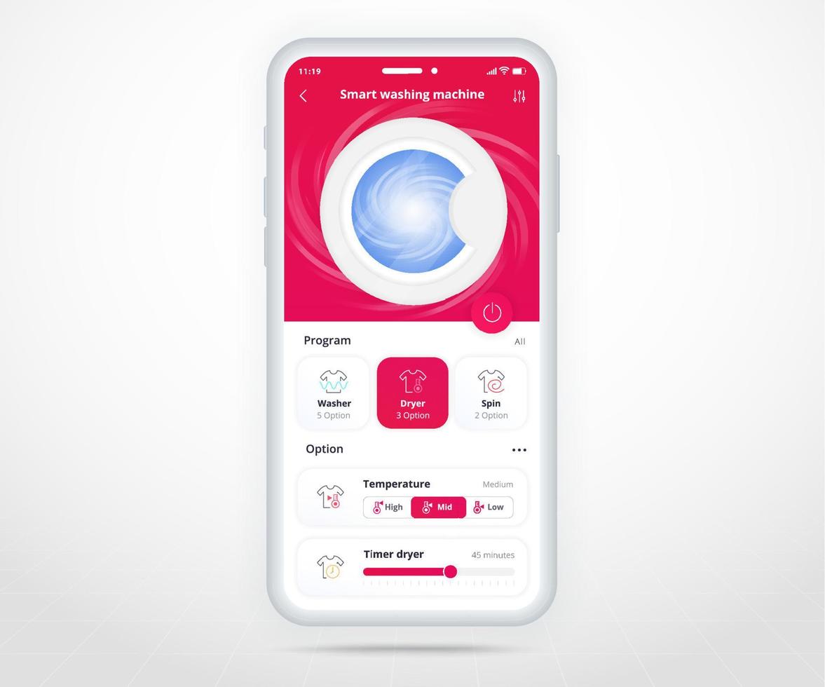 Washing machine app, smart home wash controlled app UX UI, IOT Internet of things technology, Digital future home automation tech, smart devices application phone, washer laundry, vector illustration