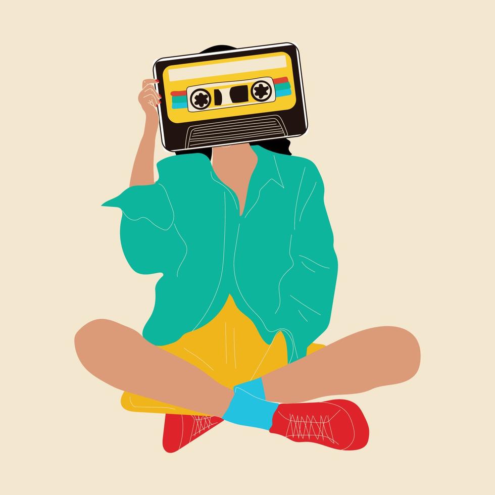 Girl holds an old cassette in her hands .Retro fashion style from 80s. Vector illustrations in trendy colors.