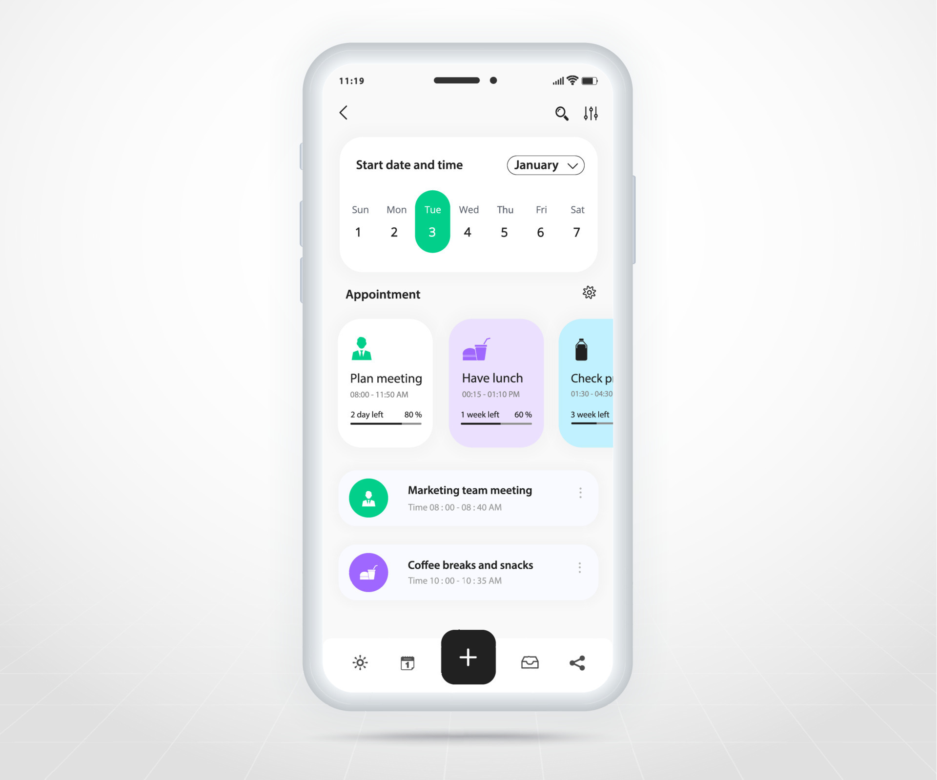 Mobile app calendar planner concept, Appointment calendar template UI