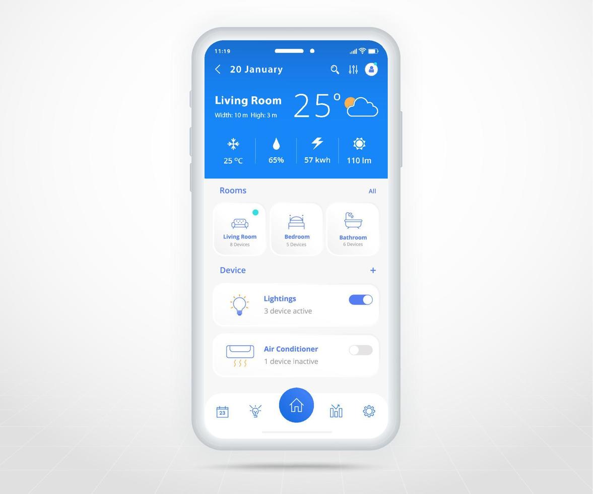 aplicación inteligente controlada por el hogar inteligente ux ui, iot internet de la tecnología de las cosas, tecnología de automatización del hogar del futuro digital, teléfono de aplicación de dispositivos inteligentes, wifi cctv iluminación calefacción aire, ilustración vectorial vector