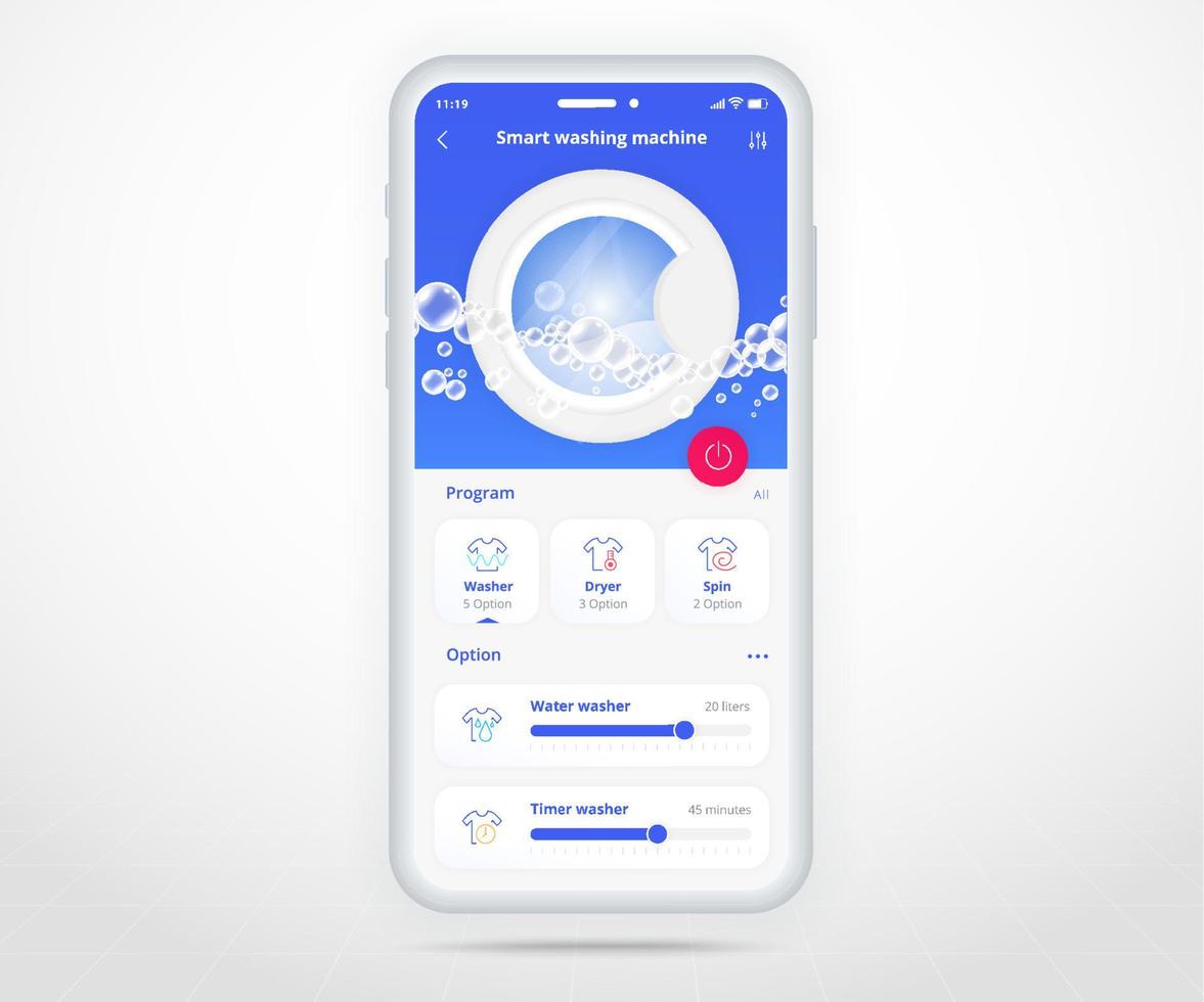 Washing machine app, smart home wash controlled UX UI, IOT Internet of things technology, Digital future home automation tech, smart device application phone, dryer washer laundry, vector illustration