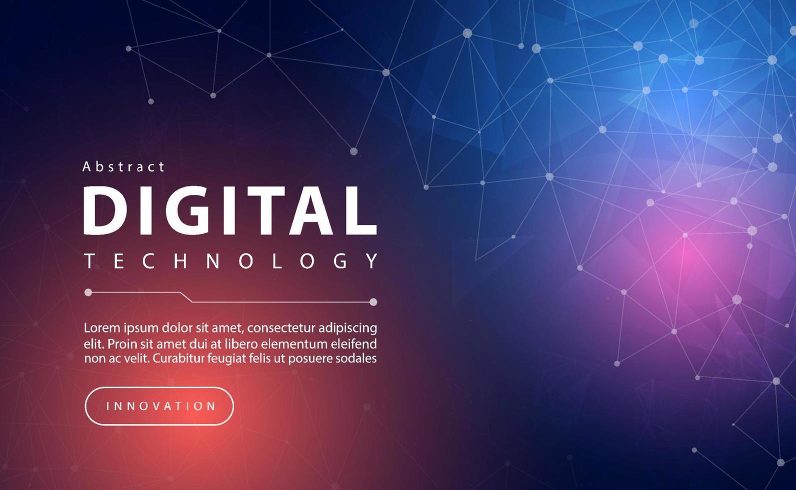 Digital technology banner pink blue background concept with technology line light effect, abstract tech, innovation future data, orange sky color, big data, lines dots connection, illustration vector