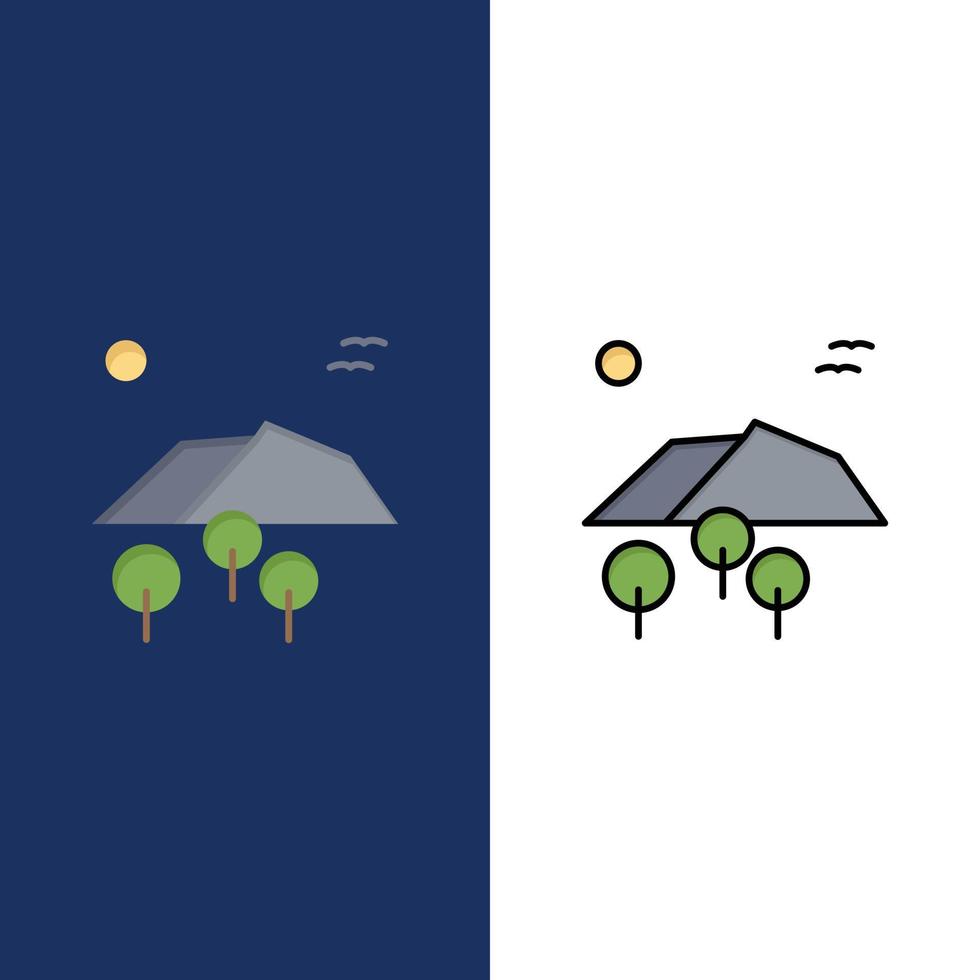 Landscape Mountain Tree Birds  Icons Flat and Line Filled Icon Set Vector Blue Background