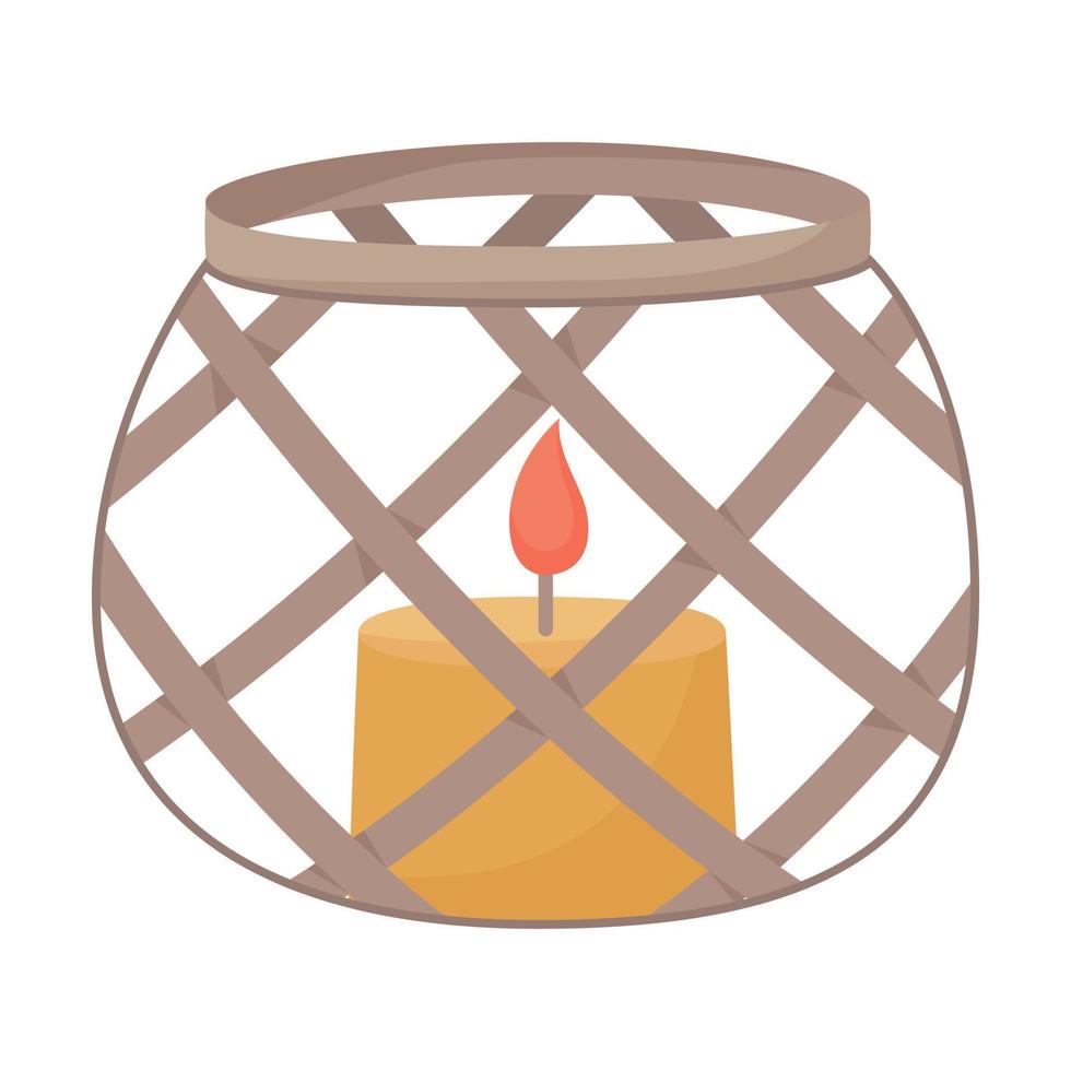 acogedor elemento de decoración hygge, vela en un candelabro de mimbre, ilustración vectorial aislada. vector