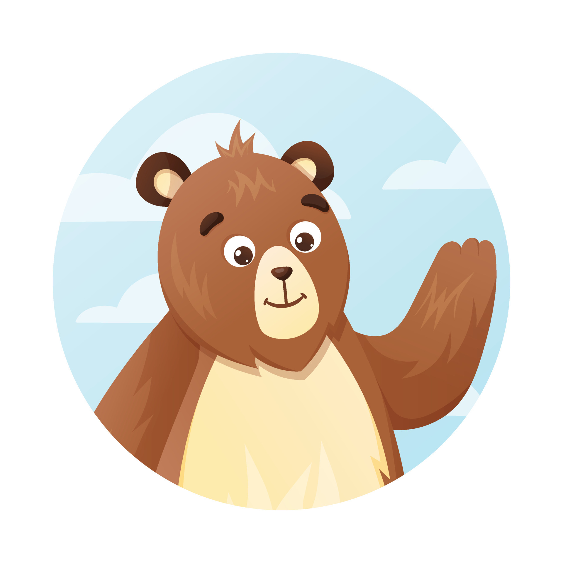 Cartoon brown bear waving his paw, blue sky with clouds, vector isolated  animal label in circle shape. 13446411 Vector Art at Vecteezy