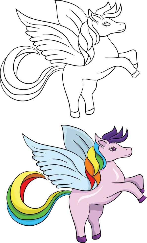 Cute Hand drawn Coloring book Winged Unicorn Isolated in a White Background Vector Illustration