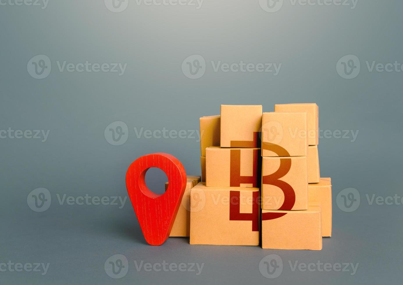 Boxes with thai baht symbol and red location pin. Supply distribution of goods. Transportation delivering logistics, management. Trade in goods. Import export. Domestic manufacturer. photo