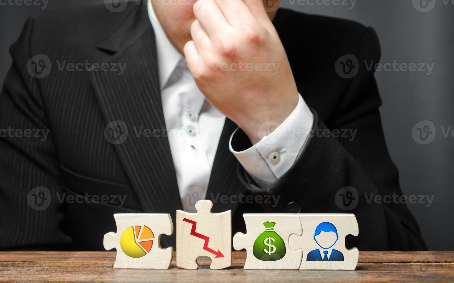 man from overstrain holds his hand on the nose or forehead on the background of the business process insolvency visualization. Wrong business model, unprofitability and inefficiency. Failed project photo