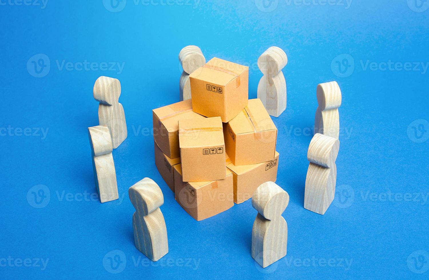 Bunch of boxes surrounded by people. Joint purchases, directly from manufacturer. Business process organization of distribution retail of goods. Marketing and market research. Production collaboration photo