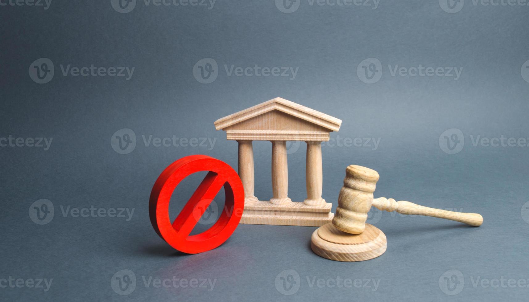 Courthouse with judge's gavel and sign NO. concept of censorship and the production of restrictions and laws on restriction. Anti-popular laws, usurpation of power, conservative views. Lack of justice photo